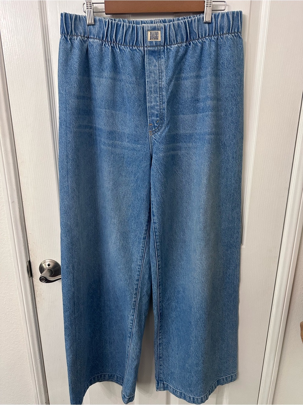 MOTHER SNACKS! Blue Elastic Waist Wide Leg Pull On Denim Pants XL NWOT